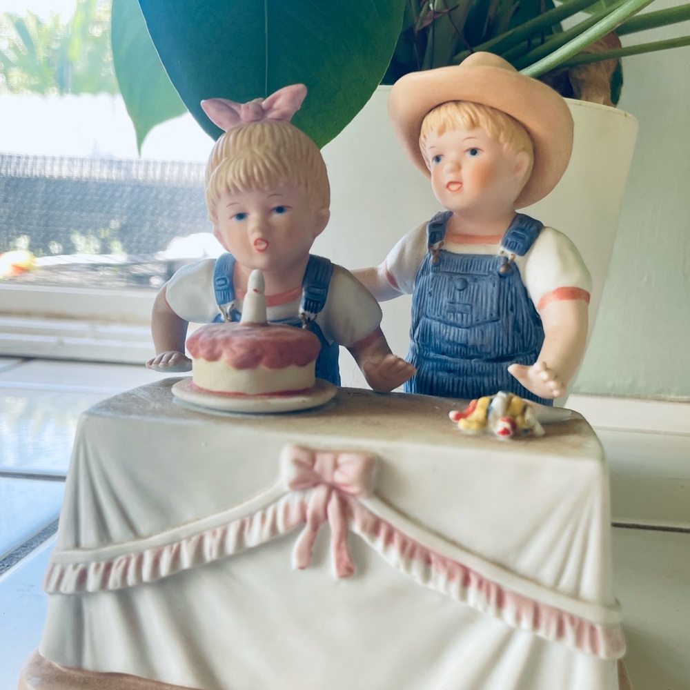 Home Interiors Kids Figurine with Cake - Pink and Blue